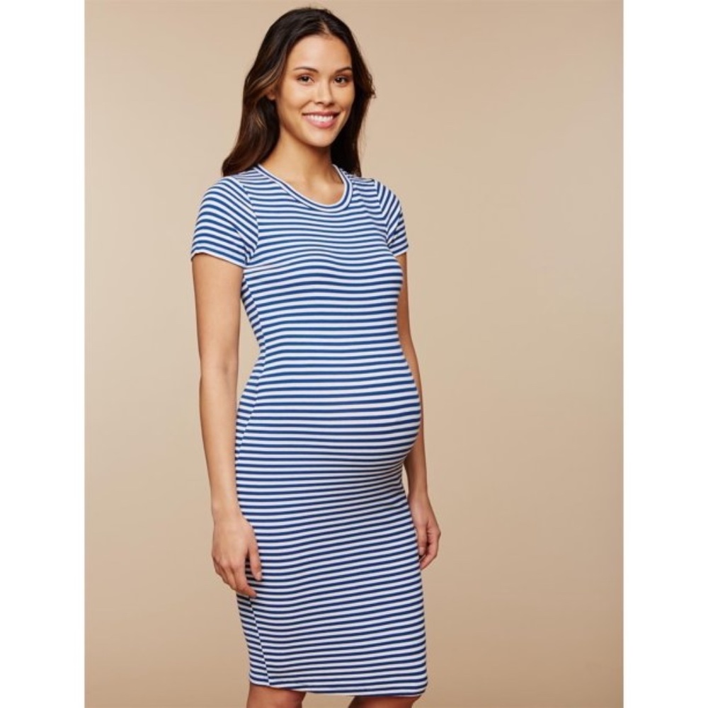 Motherhood Maternity Women's Blue Striped Ribbed Midi Dress Short Sleeve XS